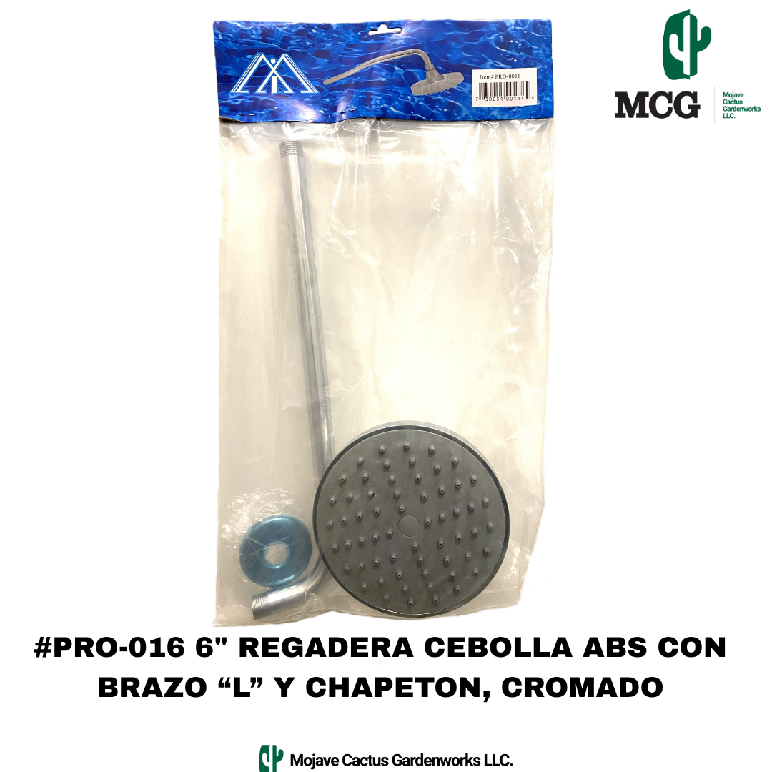 6" PLASTIC SHOWER HEAD W/ STAINLESS STEEL WALL COVER AND 15" L-SHAPED IRON SHOWER ARM AND FLANGE, CHROME