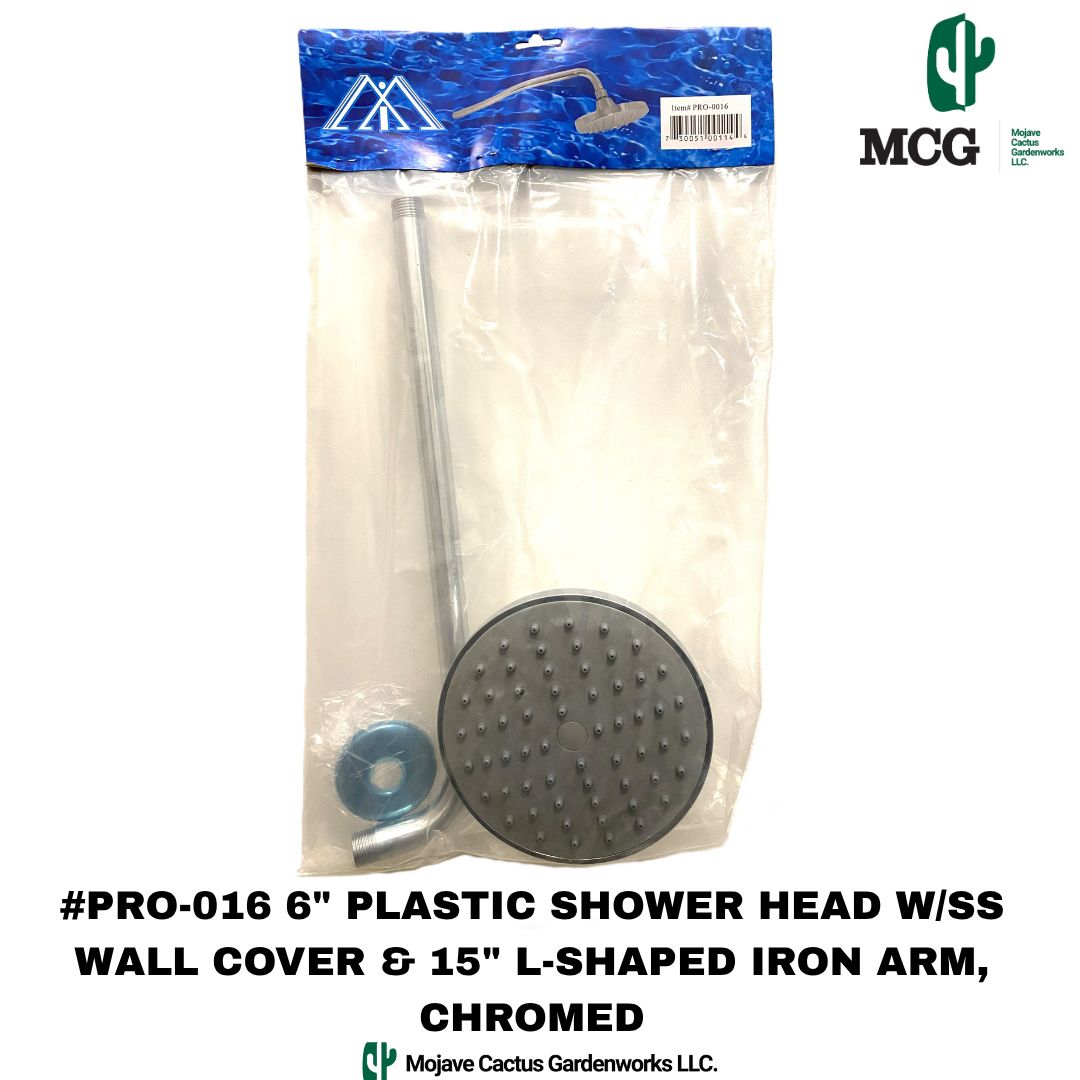 6" PLASTIC SHOWER HEAD W/ STAINLESS STEEL WALL COVER AND 15" L-SHAPED IRON SHOWER ARM AND FLANGE, CHROME